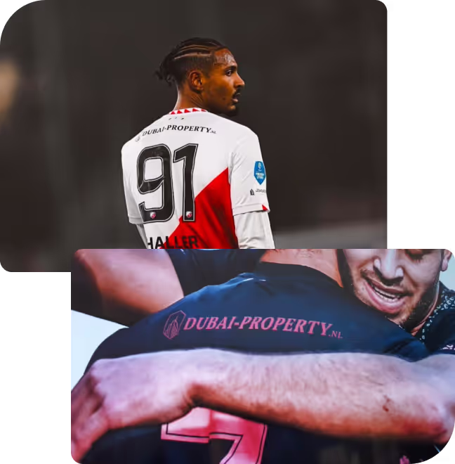 Voetballer in rood-wit tenue met rugnummer 91, logo van Dubai-Property.nl.