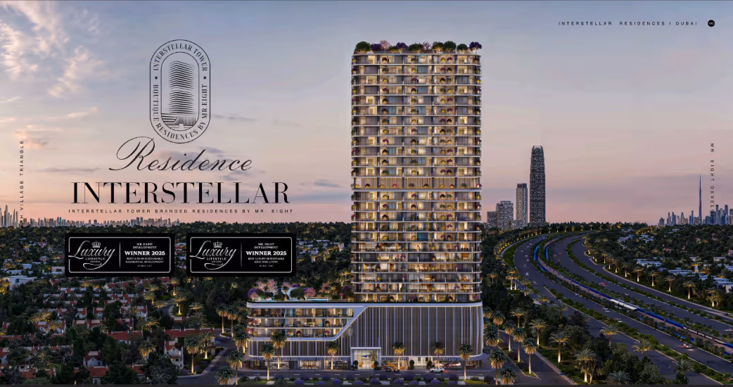 Interstellar is a mixed-use high-rise project in Jumeirah Village Triangle (JVT) that combines luxury residential apartments with commercial units. The tower offers a modern lifestyle with access to premium amenities and smart technologies, designed with a contemporary aesthetic that blends functionality and comfort.