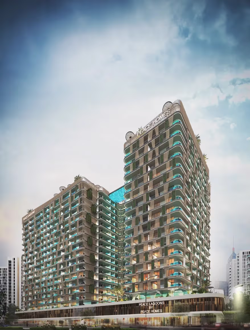 Peace Lagoons is a new residential development in Dubai that combines luxury with practical amenities. The new complex features a central lagoon, exclusively for residents, creating a relaxed and unique living environment.
Peace Lagoons offers a wide range of amenities to meet the needs of all residents. These include a children's playground, a volleyball court, a fully equipped fitness centre, a beach pool, a yoga area, and a 30,000 square metre retail centre. The apartments are available as studios and in 1 or 2 bedroom configurations. Each apartment features its own private pool for added comfort.
The lobby is stylishly and modernly designed, providing an elegant welcome. Peace Lagoons offers a new way of living in Dubai, where luxury and convenience come together in a central and serene setting.